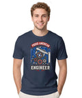 Cool Mechanical Blueprint Tee For Engineers And Mechanics With Caliper Gears Art On Soft Cotton Shirt worn by smiling man.