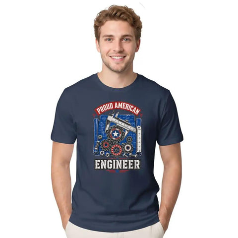 Cool Mechanical Blueprint Tee For Engineers And Mechanics With Caliper Gears Art On Soft Cotton Shirt worn by smiling man.