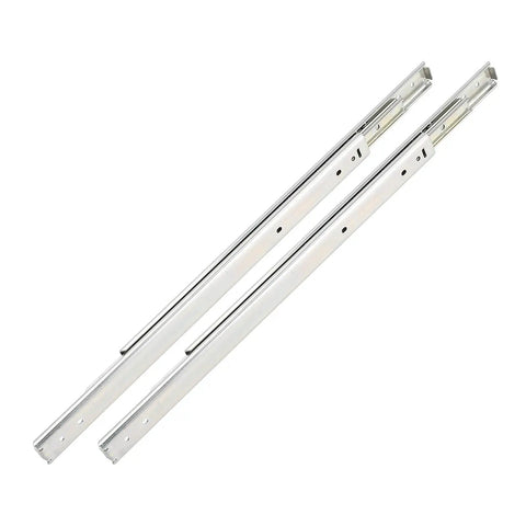 Rugged Three Fold Full Extension Drawer Slides Side Mount 400mm Ball Bearing Runners For Cabinets RVs Medical Carts And Electronics Enclosures Zinc Plated Steel With Smooth Glide displayed.