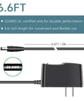 UL Listed 9V AC Power Adapter With 5.5x2.1mm Plug, 6.6ft Cord, Center Positive showing cord length and wire details