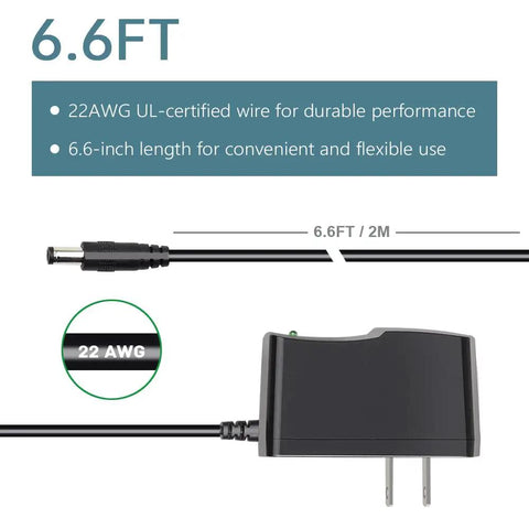 UL Listed 9V AC Power Adapter With 5.5x2.1mm Plug, 6.6ft Cord, Center Positive showing cord length and wire details