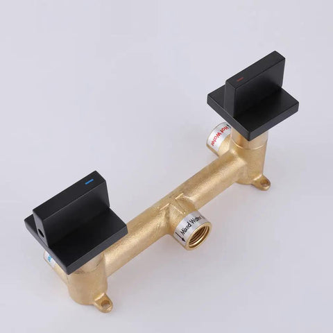 Matte Black Two Handles Shower Faucet Set with brass valve body, showcasing two square black handles and modern design.