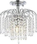 Three Light Crystal Falls Chandelier With Chrome Finish Flush Mount Ceiling Fixture Featuring Clear Crystals 12 Inch Wide 12 Inch High Modern Luxe Style And Timeless Shine Beautifully Reflective Drops And Easy Install Wiring