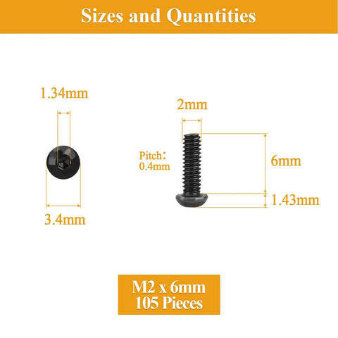 Sizes and quantities for 105 Piece M2 X 6mm Button Head Socket Cap Screws with 0.4mm pitch shown in diagram.