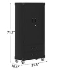 Beefy 72 Inch Metal Storage Cabinet On Wheels With Locking Doors And 2 Drawers Rolling Garage Organizer in black with dimensions.