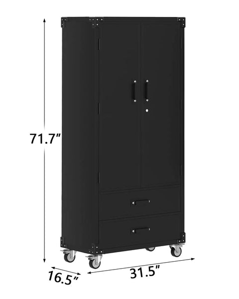Beefy 72 Inch Metal Storage Cabinet On Wheels With Locking Doors And 2 Drawers Rolling Garage Organizer in black with dimensions.