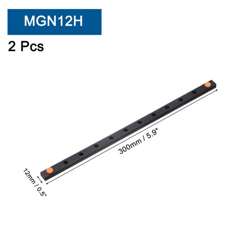 2 Pack MGN12 300mm Linear Guide Rail Set with precise measurement annotation, designed for DIY 3D printers and CNC machines.