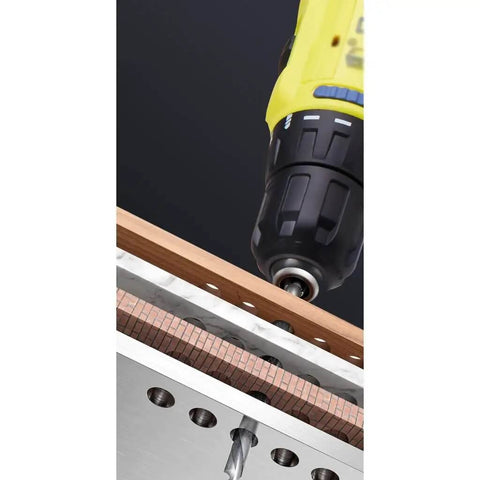 Heavy Duty Cordless Electric Drill With Rechargeable Battery And Brushless Motor Smart Chuck drilling into wood on a work surface.