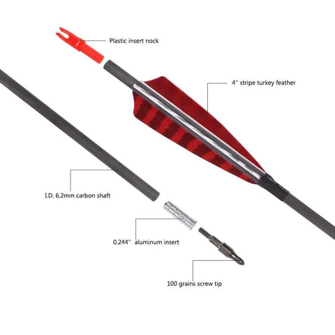 Pure Carbon Arrows 600 Spine 30 Inch Shaft With 31.5 Inch Overall Length Beefed Up Turkey Feather Fletching Screw In 100 Grain Field Points.