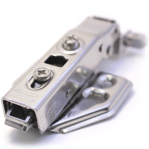 Close-up of Soft Close Cabinet Hinges Set For Half Overlay Frameless Cabinets, Slick Stainless Steel, showing screws and build
