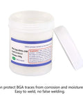 Pro Grade Flux Paste For BGA Reballing And Soldering With No Clean Formula in a 100g tub, lid off, showing white paste