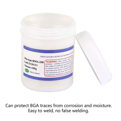 Pro Grade Flux Paste For BGA Reballing And Soldering With No Clean Formula in a 100g tub, lid off, showing white paste