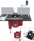 Rock Solid Router Table Lift System With Smooth One Point Eight Inch Travel Premium Aluminum And Stainless Steel Mounting Plate Upgrade For Woodworking Router Bases Black And Red Kit featuring lift mechanism and black tabletop.