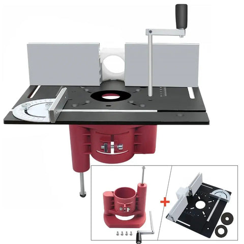 Rock Solid Router Table Lift System With Smooth One Point Eight Inch Travel Premium Aluminum And Stainless Steel Mounting Plate Upgrade For Woodworking Router Bases Black And Red Kit featuring lift mechanism and black tabletop.
