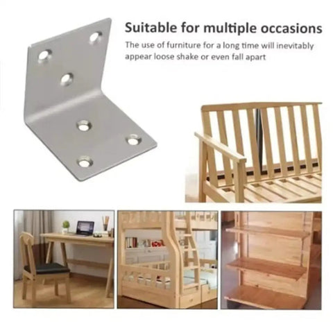 Thickened Stainless Steel L Shaped Corner Brackets Built Tough For Furniture Assembly shown reinforcing furniture and shelves.