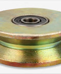 Rock Solid V Groove Caster Wheel Built Heavy To Glide Smooth On Barn Door Tracks Or Industrial Carts Featuring Rust Resistant 45 Steel Rollers view of a heavy-duty steel wheel with bearing