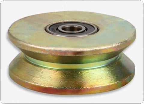 Rock Solid V Groove Caster Wheel Built Heavy To Glide Smooth On Barn Door Tracks Or Industrial Carts Featuring Rust Resistant 45 Steel Rollers view of a heavy-duty steel wheel with bearing