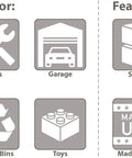 Icons showing uses and features of Heavy Duty Stackable Storage Bins For Garage And Closet Organization Open Front Plastic Organizer.