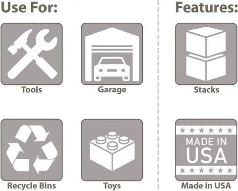 Icons showing uses and features of Heavy Duty Stackable Storage Bins For Garage And Closet Organization Open Front Plastic Organizer.