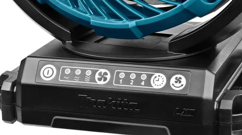 Control panel of Cordless 18V LXT Fan With Three Speed Settings And 45 Degree Oscillation For Quiet Airflow, Tilts 90 Degrees Up And 45 Degrees Down, Seven And One Eighth Inch Size, Portable Cooling For Job Sites And Workshops