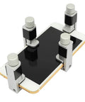 4 Piece Adjustable Screen Fastening Clamp Set For Easy LCD Screen Replacement On iPhone showing clamps holding phone screen