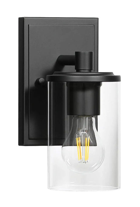 Farmhouse 4 Light Matte Black Bathroom Vanity Light With Clear Tubular Glass Shades Over Mirror Wall Fixture Dope Industrial Vibe Hardwired Up Or Down Mount For Bath And Bedroom close-up on a single light.