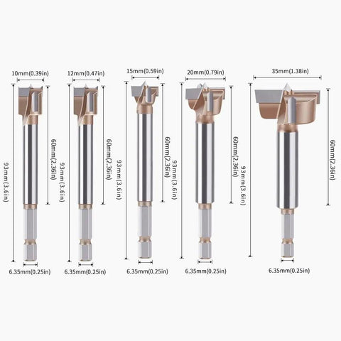 Elite Five Piece Forstner Drill Bit Set Featuring Gutsy Tungsten Carbide Tips And Heavy Duty Hex Shafts for sizes 10 to 35 mm