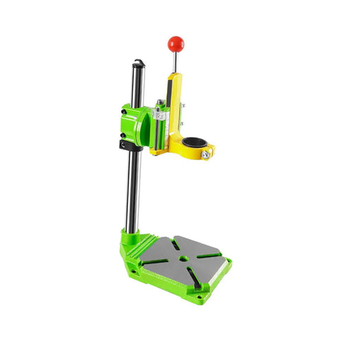 Beefy Drill Press Stand For Home Workshop with Stable Workbench Setup, adjustable clamp up to 11.81 inches, and 90 degree rotating base.