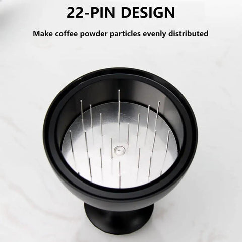 Adjustable espresso coffee tamper with 22-pin needle distributor leveler, designed for even coffee powder distribution, 58mm size.
