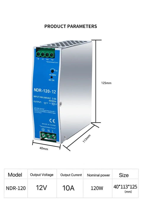 12V DC DIN Rail Power Supply 120W 10A Dual Output Wide 100 To 240VAC Input 12VDC Output Rugged Industrial Grade