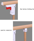 Adjustable Bedside Safety Rail For Seniors And Adults With Folding Metal Handrail In Yellow Wood Grain Finish, close-up of folding button