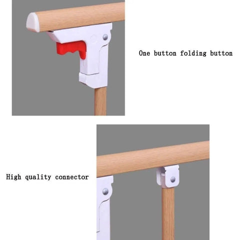 Adjustable Bedside Safety Rail For Seniors And Adults With Folding Metal Handrail In Yellow Wood Grain Finish, close-up of folding button