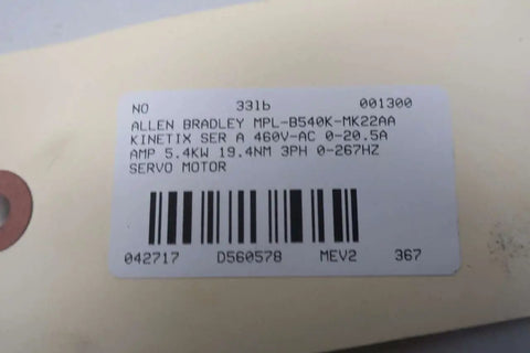 Label on MPL B540K MK22AA Kinetix Servo Motor 460V 5.4KW 19.4Nm 3 Phase 28mm Shaft Built For Action Industrial Grade Motion Control With Beefy Torque, Precision, And Smooth Operation