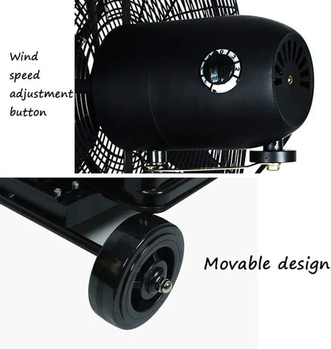 Badass Heavy Duty Mist Fan With Solid Metal Build Rock Solid Cooling Power to Block Heat Featuring Adjustable 3 Speeds and Humidifying Spray for Your Shop Patio or Outdoor Hangout wind speed adjustment button and movable design close-up