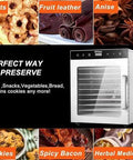 Heavy Duty Commercial Food Dehydrator With Twelve Stainless Steel Trays For Jerky And Snacks Featuring A Total No Sweat Digital Timer displaying various dried snacks and produce.