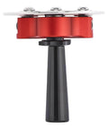 One Station Disc Bender for sheet metal with large disc handle, front view showing red and black components.