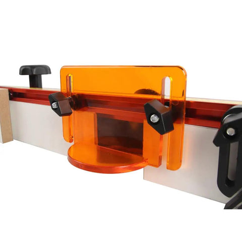 Heavy Duty 32 Inch Router Table Fence System With Premium Steel Rail Quick Lock Stops And Dedicated Dust Port close-up of dust port and clamps.