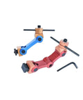 Heavy Duty Universal Cnc Mill Machine Positioner With Adjustable Workpiece Stop And Precision Milling Locator Tool For Serious Metal Shop and Pro Fab Work, featuring blue and red adjustable clamping arms.