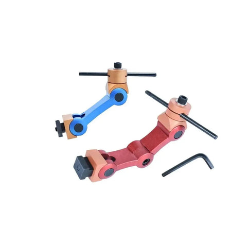 Heavy Duty Universal Cnc Mill Machine Positioner With Adjustable Workpiece Stop And Precision Milling Locator Tool For Serious Metal Shop and Pro Fab Work, featuring blue and red adjustable clamping arms.