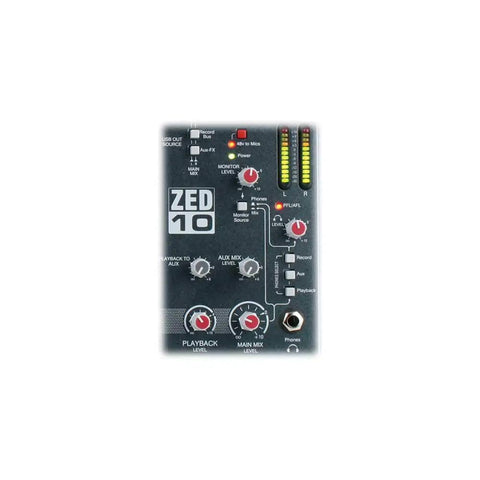 Top view of ZED-10 Compact Touring Quality USB Audio Mixer With Two Mic Line Preamps, control knobs and LED indicators.