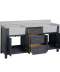 72 Inch Farmhouse Double Bathroom Vanity In Marine Gray Featuring Thick Engineered Marble Top And White Apron Sinks With Straight Up Solid Wood Drawers And Hella Durable Build, showcasing open drawers and sinks.