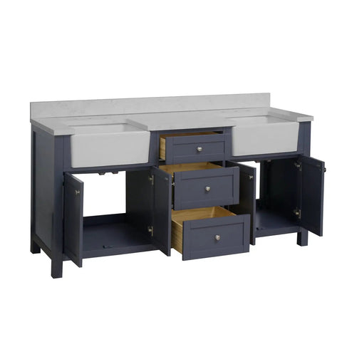 72 Inch Farmhouse Double Bathroom Vanity In Marine Gray Featuring Thick Engineered Marble Top And White Apron Sinks With Straight Up Solid Wood Drawers And Hella Durable Build, showcasing open drawers and sinks.
