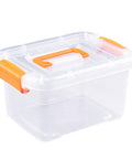Truly Heavy Duty Clear Plastic Storage Bin With Snug Latching Lid 21 Liter Capacity Transparent container with orange latch.