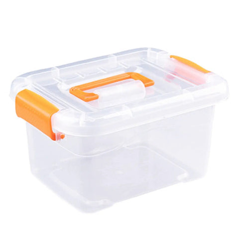 Truly Heavy Duty Clear Plastic Storage Bin With Snug Latching Lid 21 Liter Capacity Transparent container with orange latch.