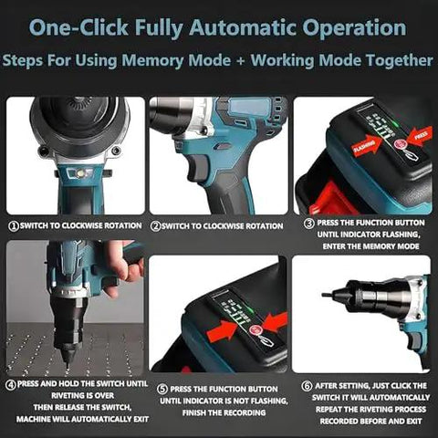 Slick Automatic Cordless Rivet Gun Workhorse Kit With Electric Blind Nut Replacement Heads M3 Through M12 operation steps displayed.