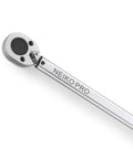 Beefy Three Quarter Inch Drive Torque Wrench With Fifty To Three Hundred Foot Pound Range, head view, polished chrome vanadium steel