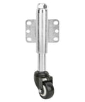 Heavy Duty Spring Loaded Farm Gate Wheel With Slick Shock Absorbing Polyurethane Roller For Smooth Tubular Steel Or Wooden Ranch Gates featuring steel mount and black roller.