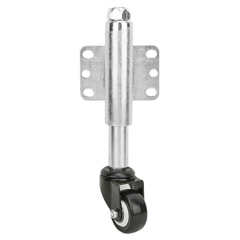 Heavy Duty Spring Loaded Farm Gate Wheel With Slick Shock Absorbing Polyurethane Roller For Smooth Tubular Steel Or Wooden Ranch Gates featuring steel mount and black roller.