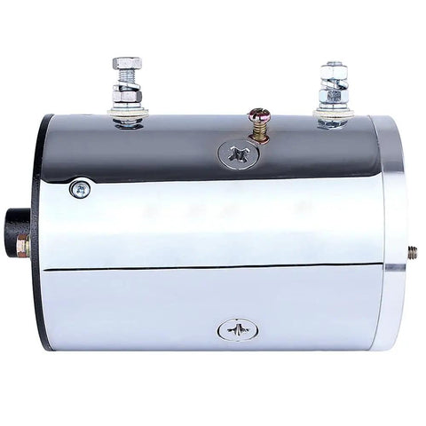 No Sweat 12V Dc Hydraulic Pump Motor Chrome Cw Rotary Fits Fenner SpX Pro Hopper Washout System Prestolite Style Oem W9799C side view with connections.