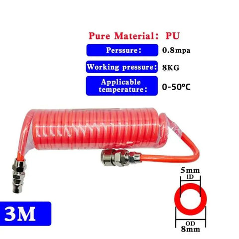 Seamless Install PU Air Compressor Hose Tube Flexible Spiral Pneumatic Tubing Orange, 3M length with quick connections.